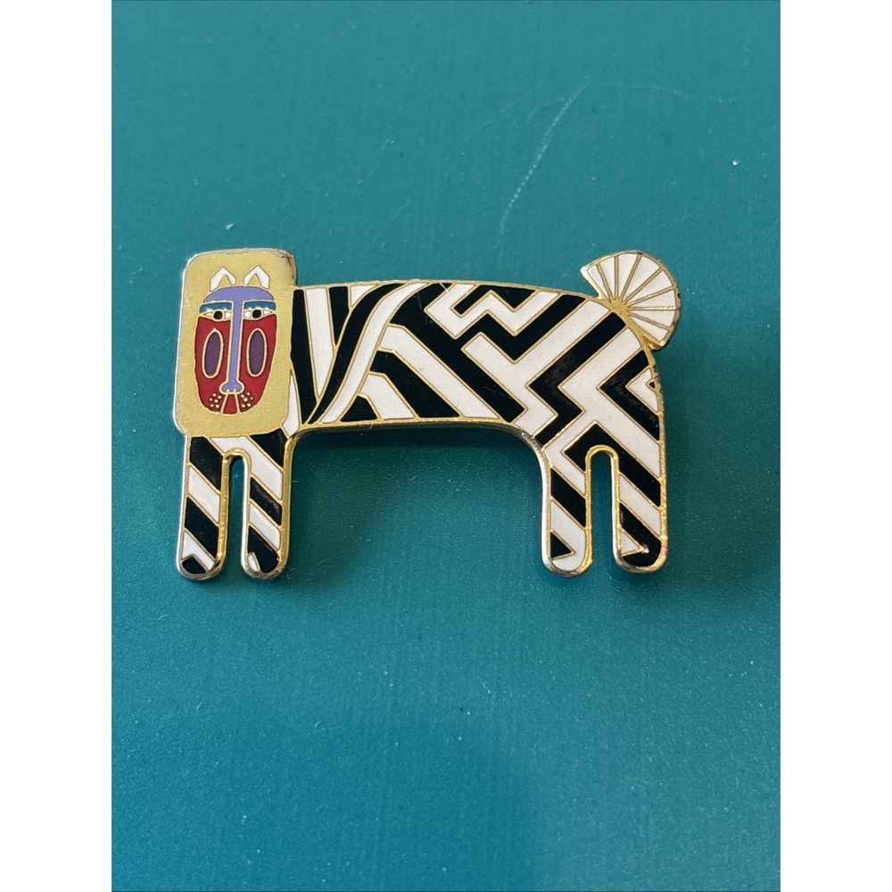VTG Laurel Burch ZZZebra Zebra Lion Brooch Pin Black & White Enamel Goldtone